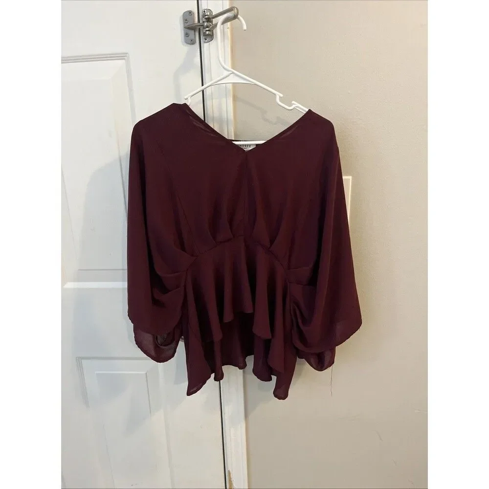 Andree by Unit Burgundy Wine Peplum Top 3/4 Sleeve Small Ruffle Detail Boho